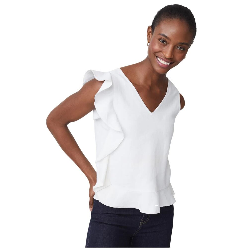 J. McLaughlin Athena Linen Blouse White Sleeveless Top Ruffle V Neck Tank Small